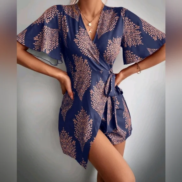 Boho Tropical Leaf Print Wrap Romper S, M, L, XL NWOT - Picture 1 of 8